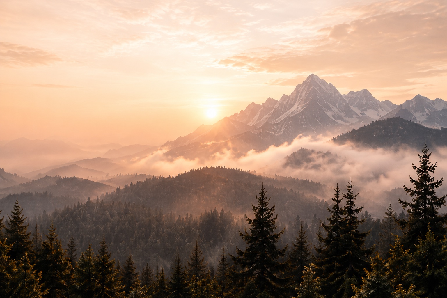 Mountain peaks and evergreen forest in warm sunrise light